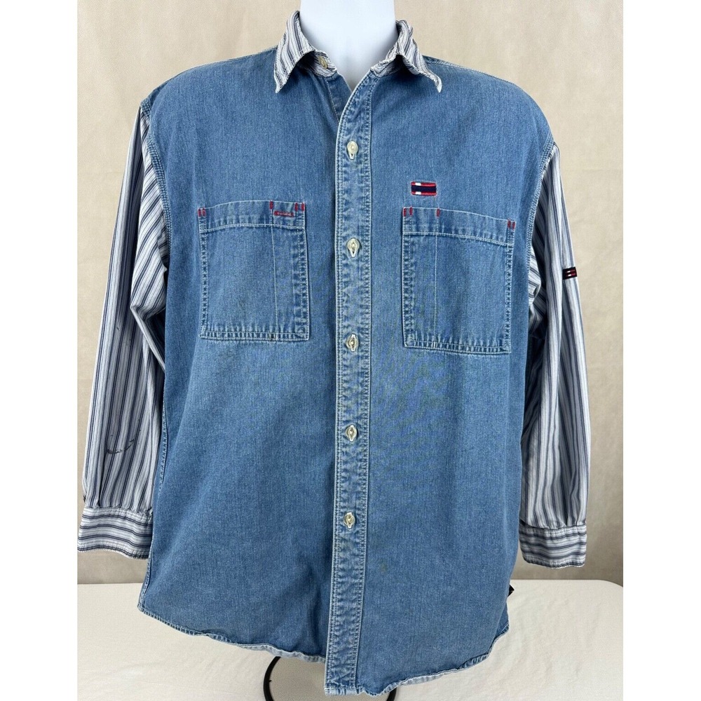 Vintage Bugle Boy Denim Shirt Mens M 90s Grunge Skater Button Up Blue